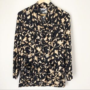 Vintage Black Yellow Floral Long Sleeve Top Medium